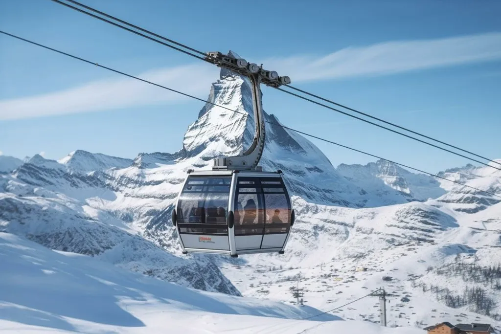 Atemberaubender Blick auf Gornergrat, Zermatt, Matterhorn Ski Resort in der Schweiz mit Seilbahn Transport. Generative KI