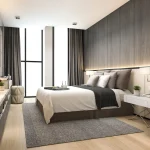 3d rendering luxuriöse moderne schlafzimmer-suite im hotel mit garderobe und begehbarem schrank