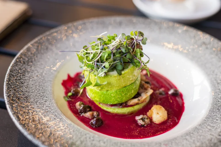 Grilled zucchini with sprouted radish, leaves gourmet cuisine