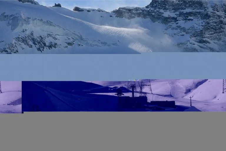 Morenia and Felskinn - cable car stations and Mittelallalin on top where it is possible to get with Metro Alpin - highest funicular in the world, Saas Fee, Valais, Wallis, Switzerland, Europe